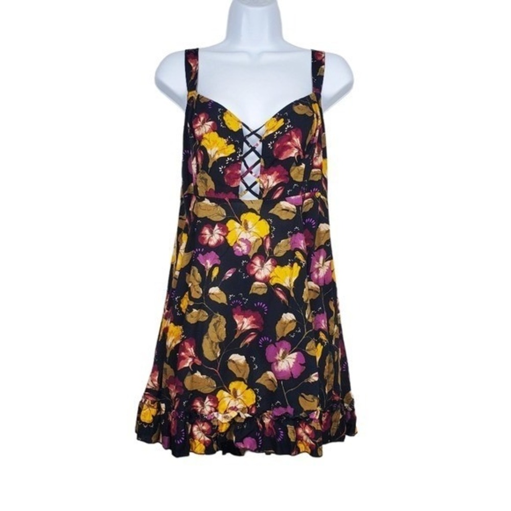 Free People Womens Black Floral Print Lattice Lovers Mini Dress Size S